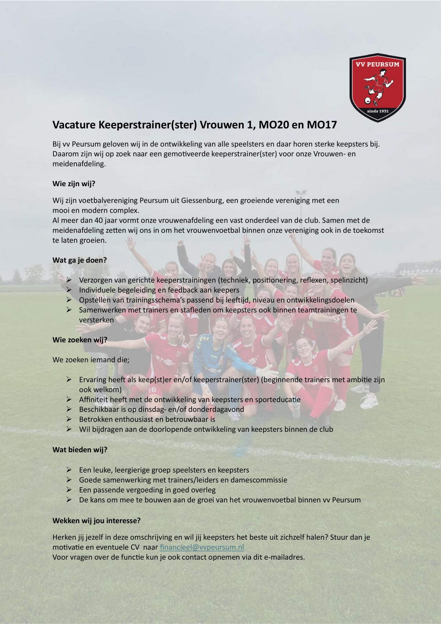 Vacature Keeperstrainer(ster) Vrouwen 1, MO20 en MO17